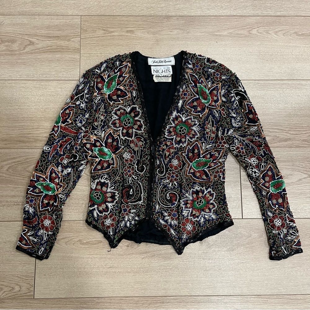 Vintage Naeem Khan Nights Saks Fifth Avenue Beaded Full Zip Silk Jacket Size S